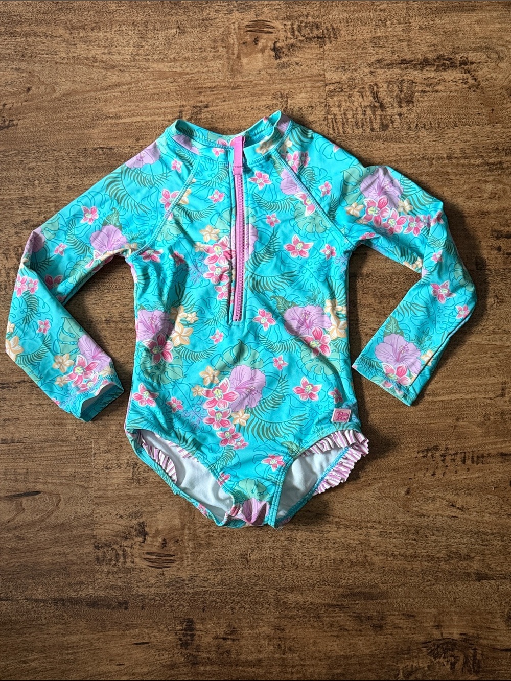 Ruffle Butts Turquoise Floral Long-Sleeve Rashguard